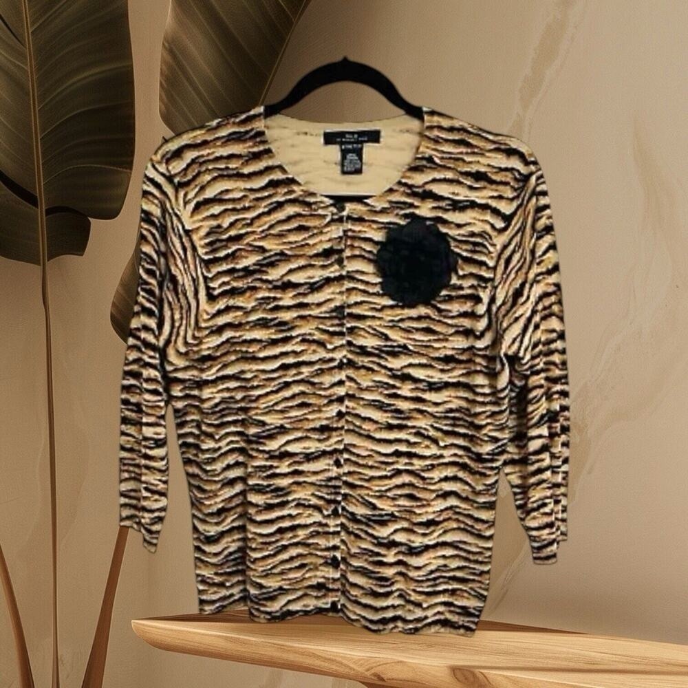 SILX‎ by August Silk Short Cardigan Silk Blend Animal Print Sweater